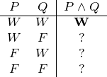         |
-P---Q--|P-∧Q--
 WW   WF  | W?
 F   W  |  ?
 F   F  |  ?  